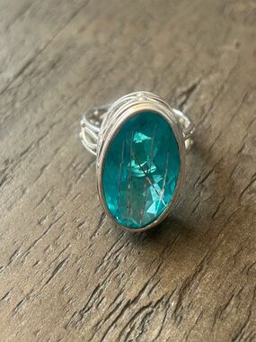 Vintage Sajen Aqua Rutilated Quartz Sterling Ring  
Sz 8